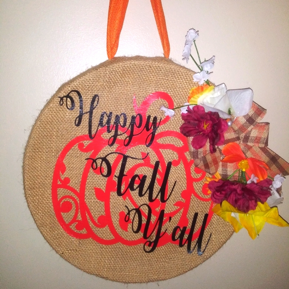 Burlap Happy Fall Y'all Autumn Door Hanger Sign with Bow and Flowers